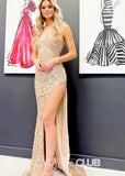 Gwendolyn |Long Gold Prom Dresses Websites With Mermaid Spaghetti Straps Sequins Split Front