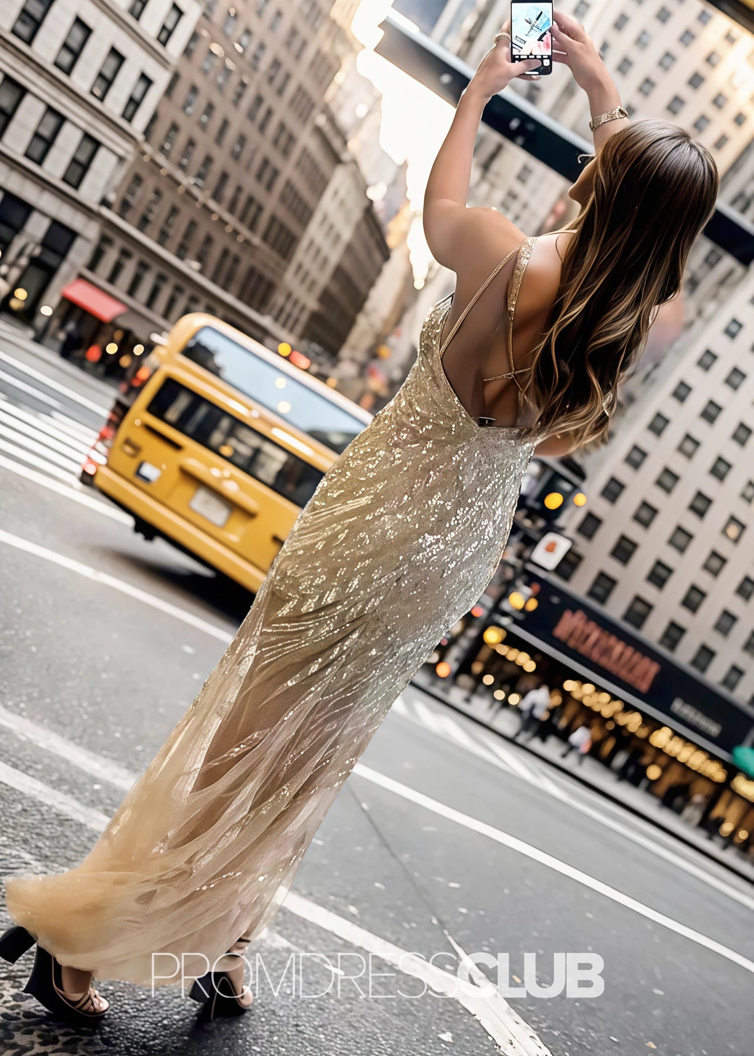 Hannah |Long Gold Prom Dresses Near Me With Mermaid Spaghetti Straps Sequins Split Front