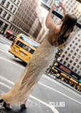 Hannah |Long Gold Prom Dresses Near Me With Mermaid Spaghetti Straps Sequins Split Front