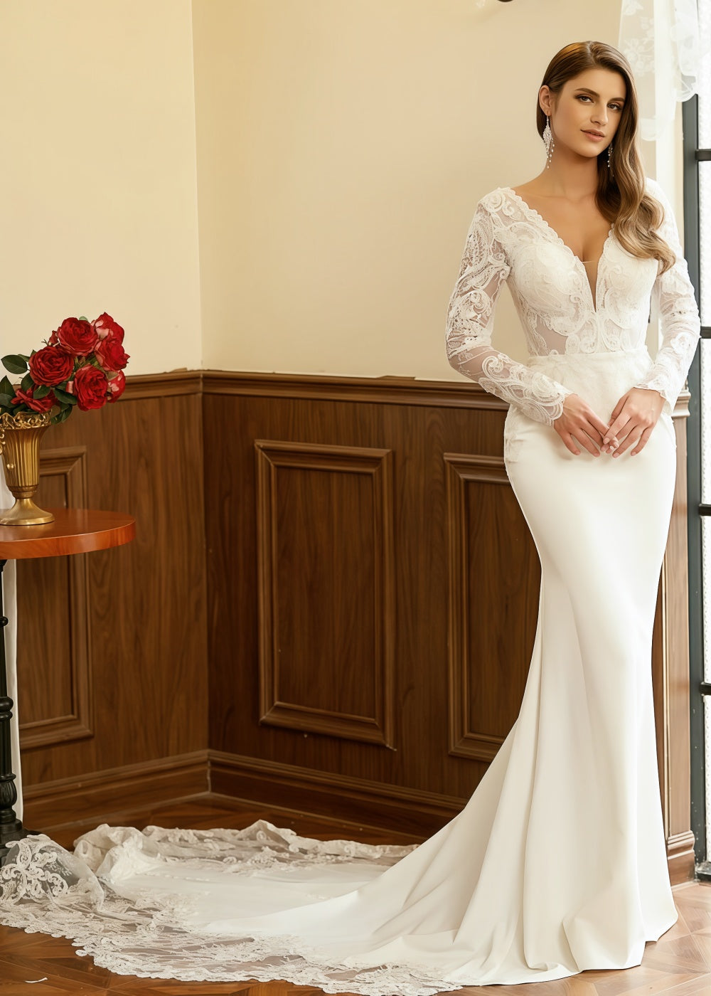 Kimberley | Long Sleeve Lace Mermaid V Neck Ivory Wedding Dress with Cathedral Train