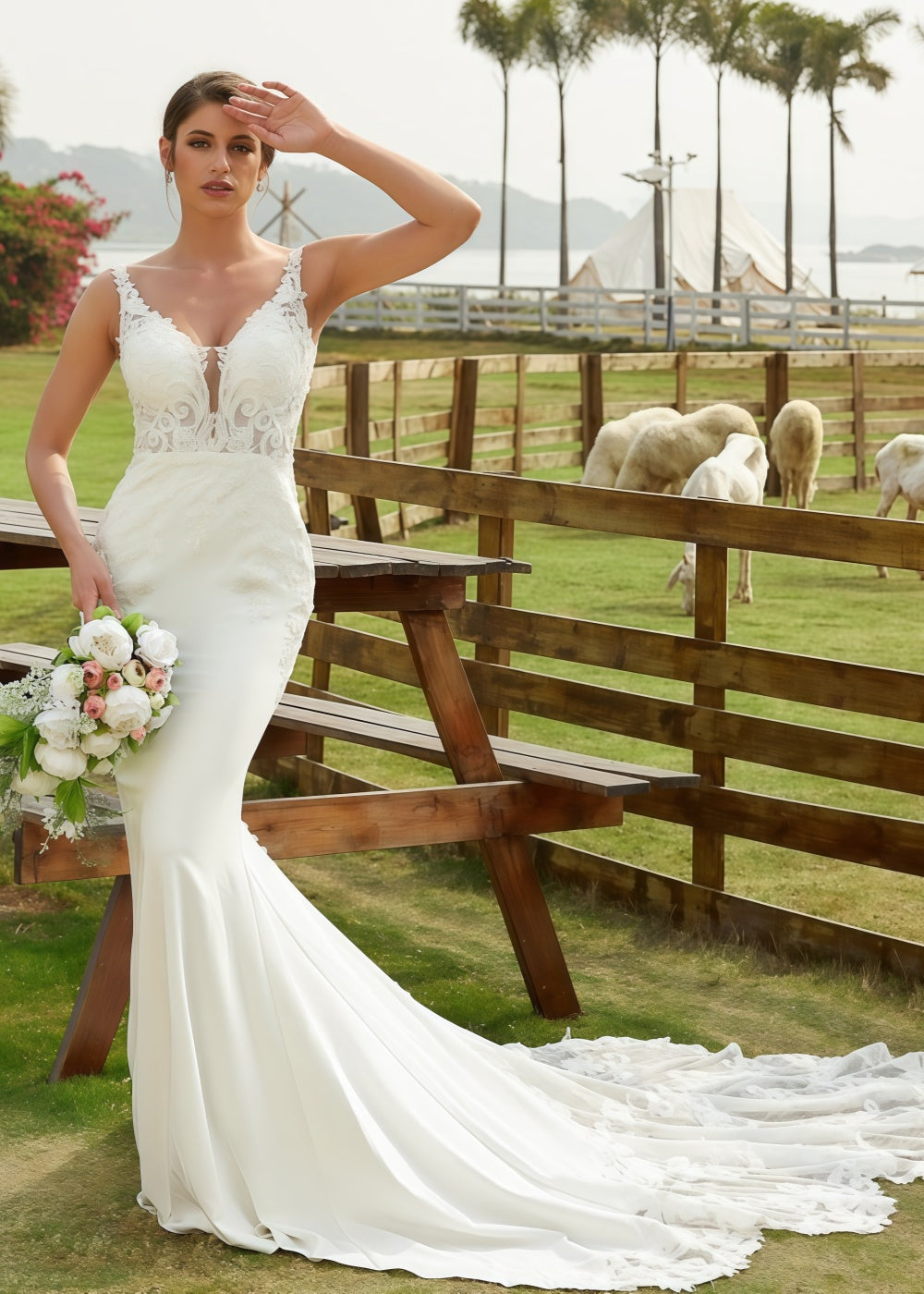 Kristin | Mermaid Scoop Neck Lace and Satin Wedding Dress with Long Train for Outdoor Weddings