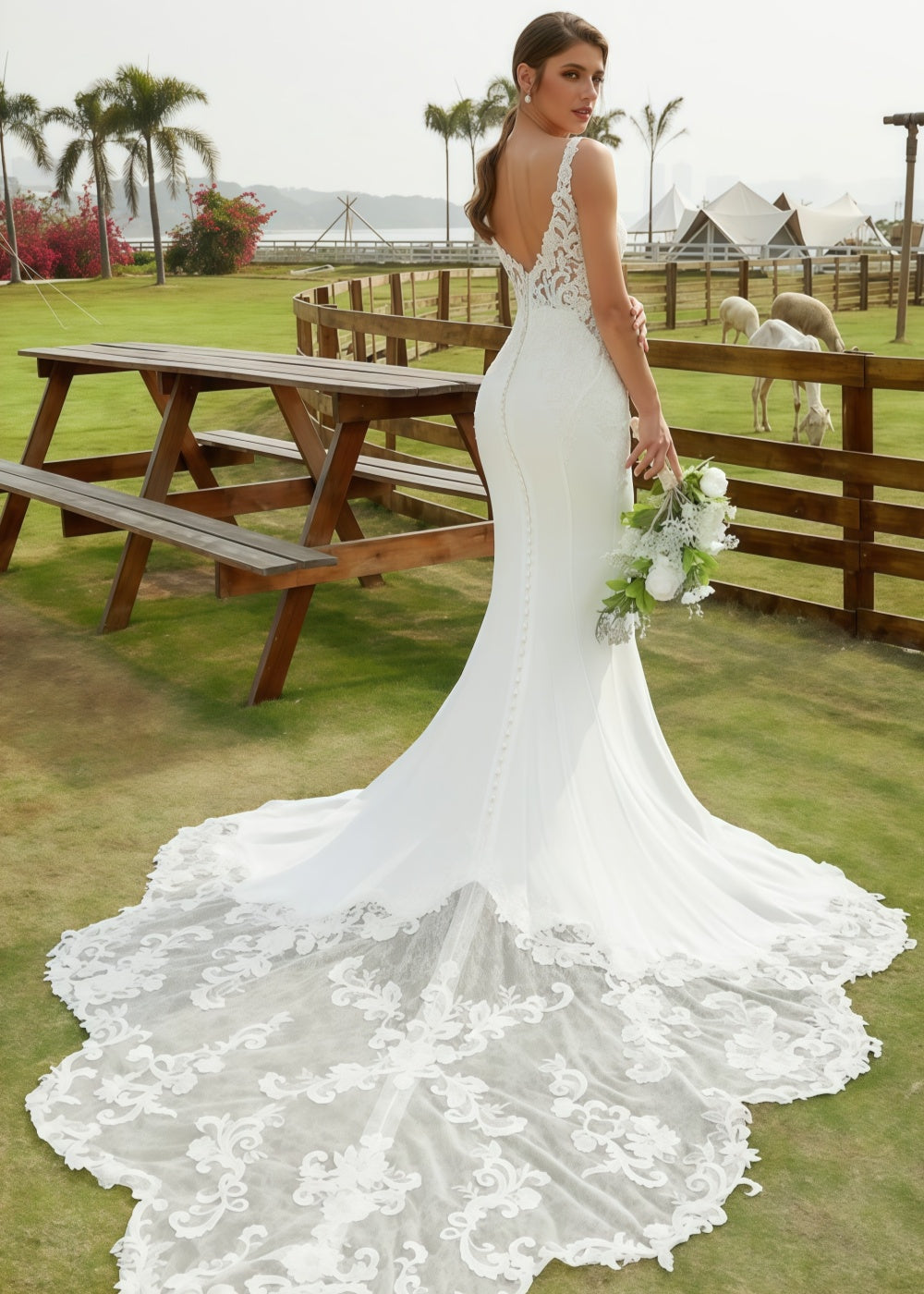 Kristin | Mermaid Scoop Neck Lace and Satin Wedding Dress with Long Train for Outdoor Weddings