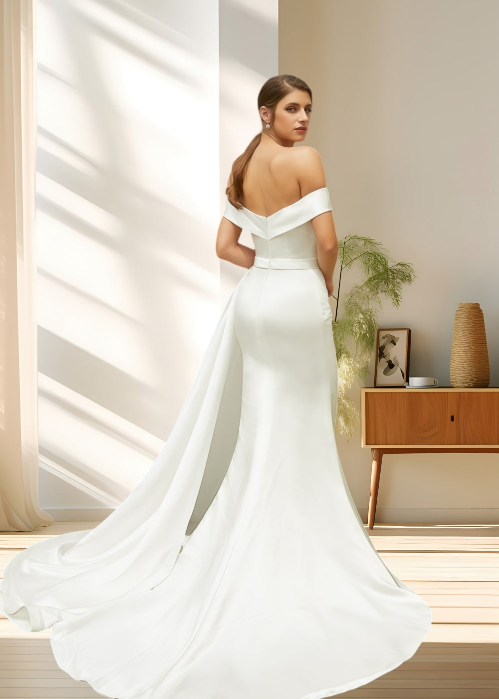 Laura | Elegant Off the Shoulder Mermaid Satin Ruched Wedding Dress with Train