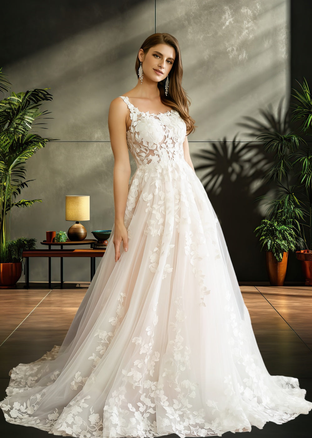 Lauren | Elegant A Line/Princess Square Neck Lace and Tulle Wedding Dress with Long Train