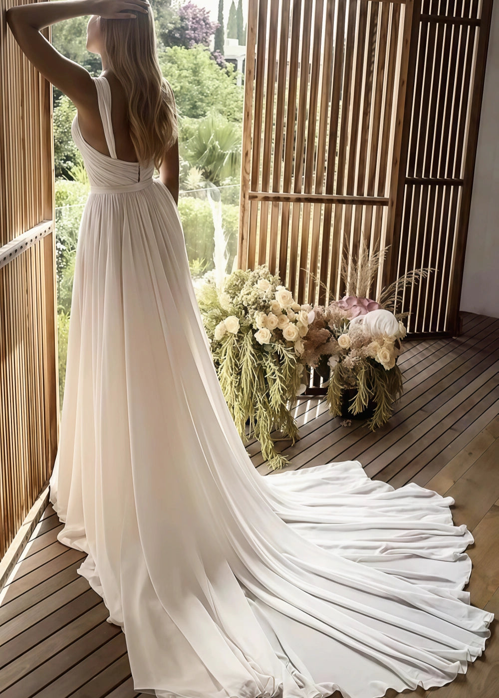 Lindsay | Elegant A Line Sweetheart Pleated Bodice Wedding Dress with Slit and Court Train