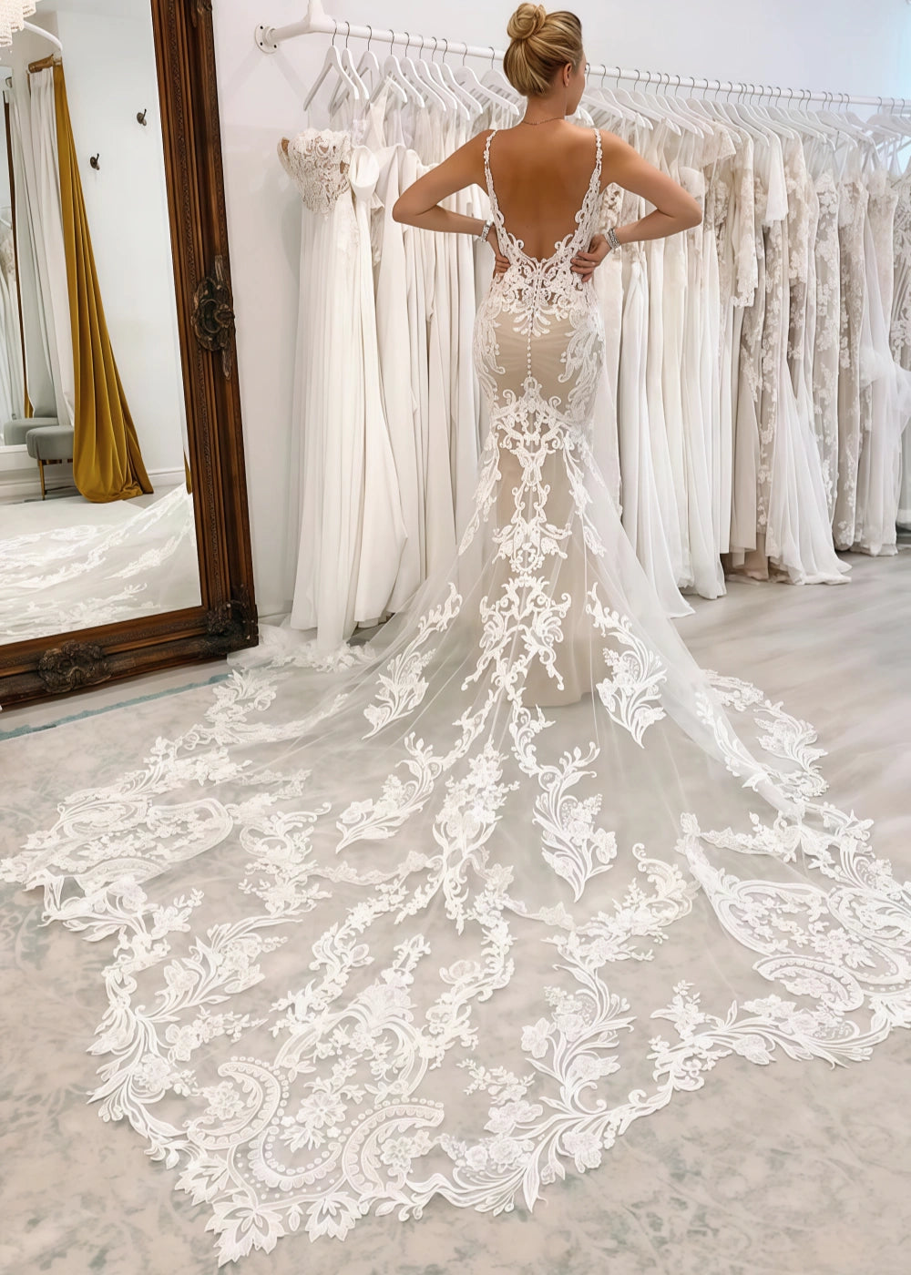 Liz | Stunning Mermaid V Neck Appliques Lace Wedding Dress with Long Train