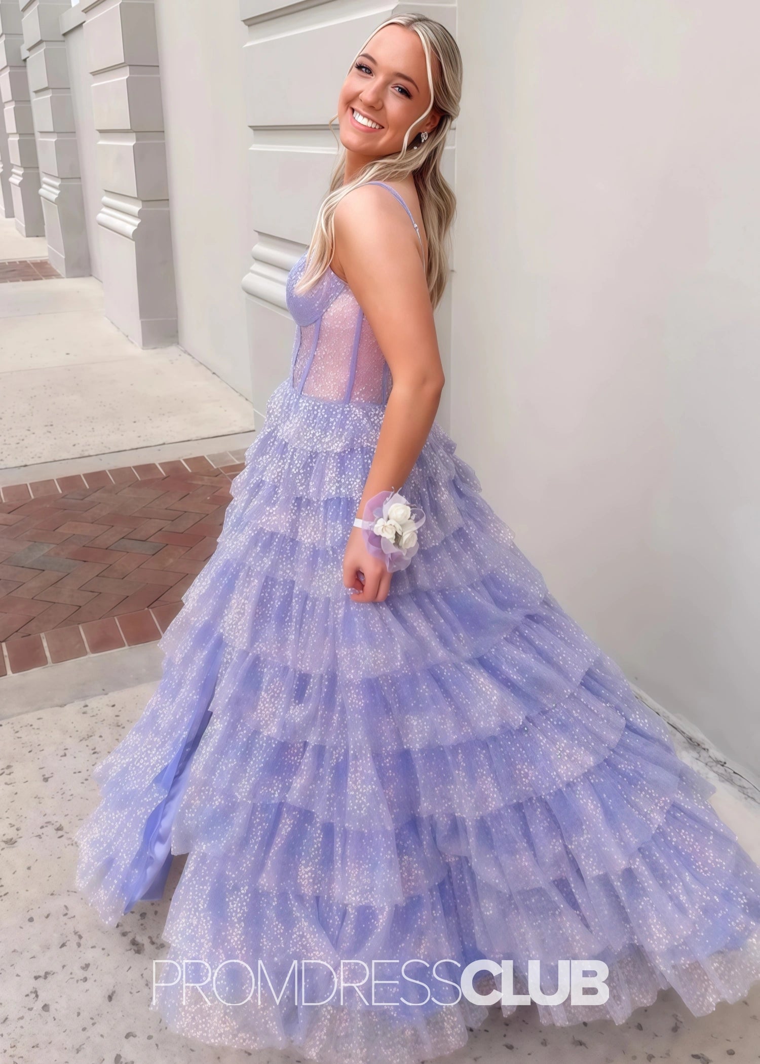 Hedda |Long Lilac Prom Dresses Near Me With Sparkly Princess Spaghetti Straps Tulle Tiered