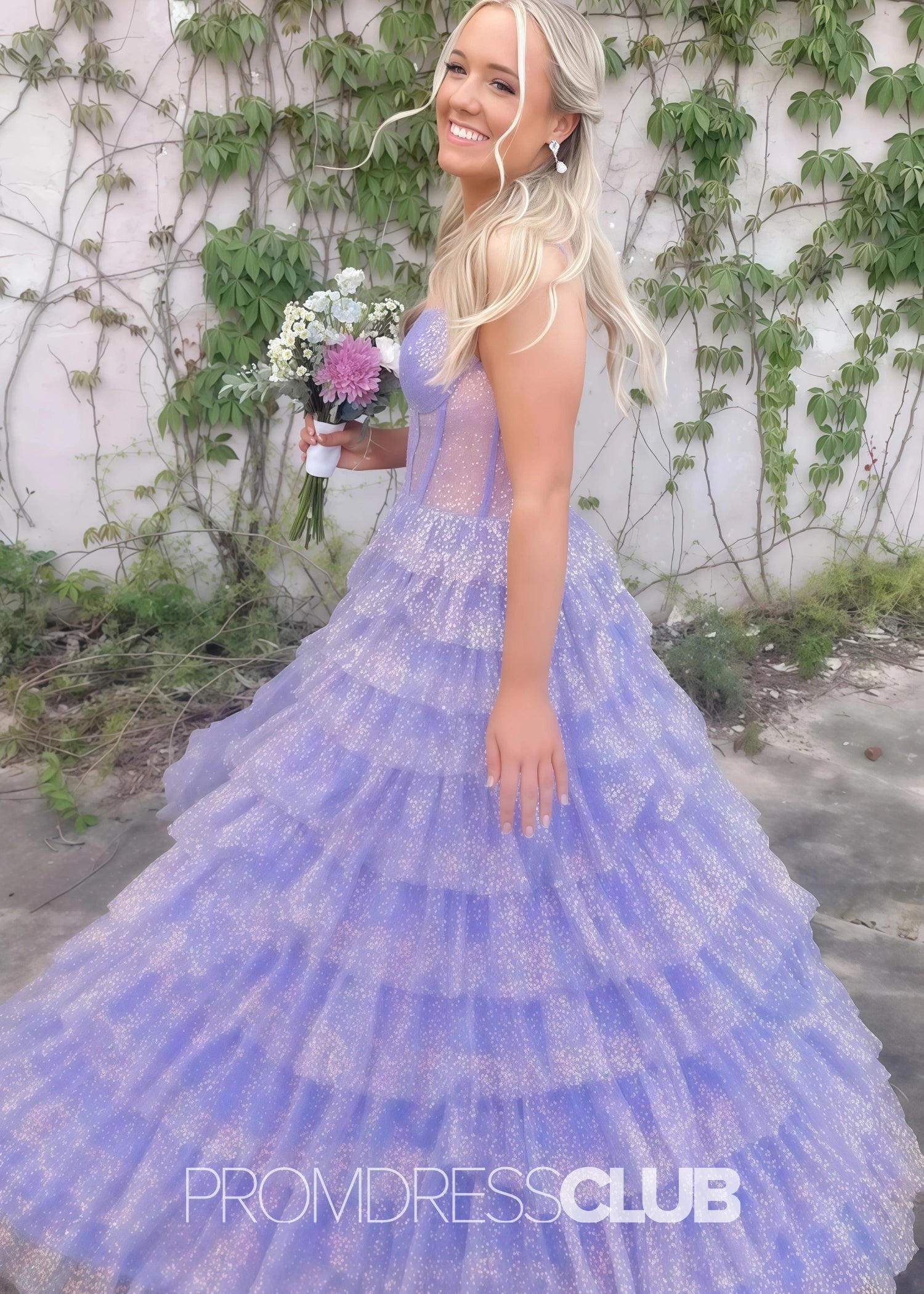 Hedda |Long Lilac Prom Dresses Near Me With Sparkly Princess Spaghetti Straps Tulle Tiered