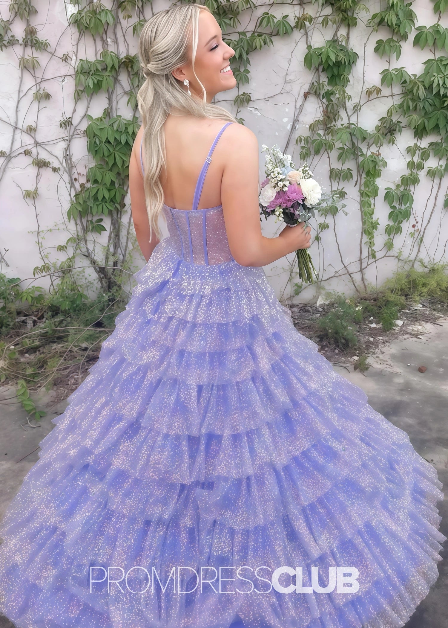 Hedda |Long Lilac Prom Dresses Near Me With Sparkly Princess Spaghetti Straps Tulle Tiered