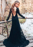 Maggie | Modest Black Tie Long Sleeve High Neck Backless Wedding Dress with Slit