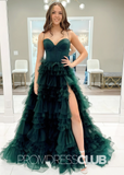 Elvira |A Line Dark Green Prom Dresses Long Sweetheart Tulle Tiered Corset