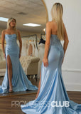 Emily |Long Light Blue Prom Dresses Mermaid Corset Strapless with Slit