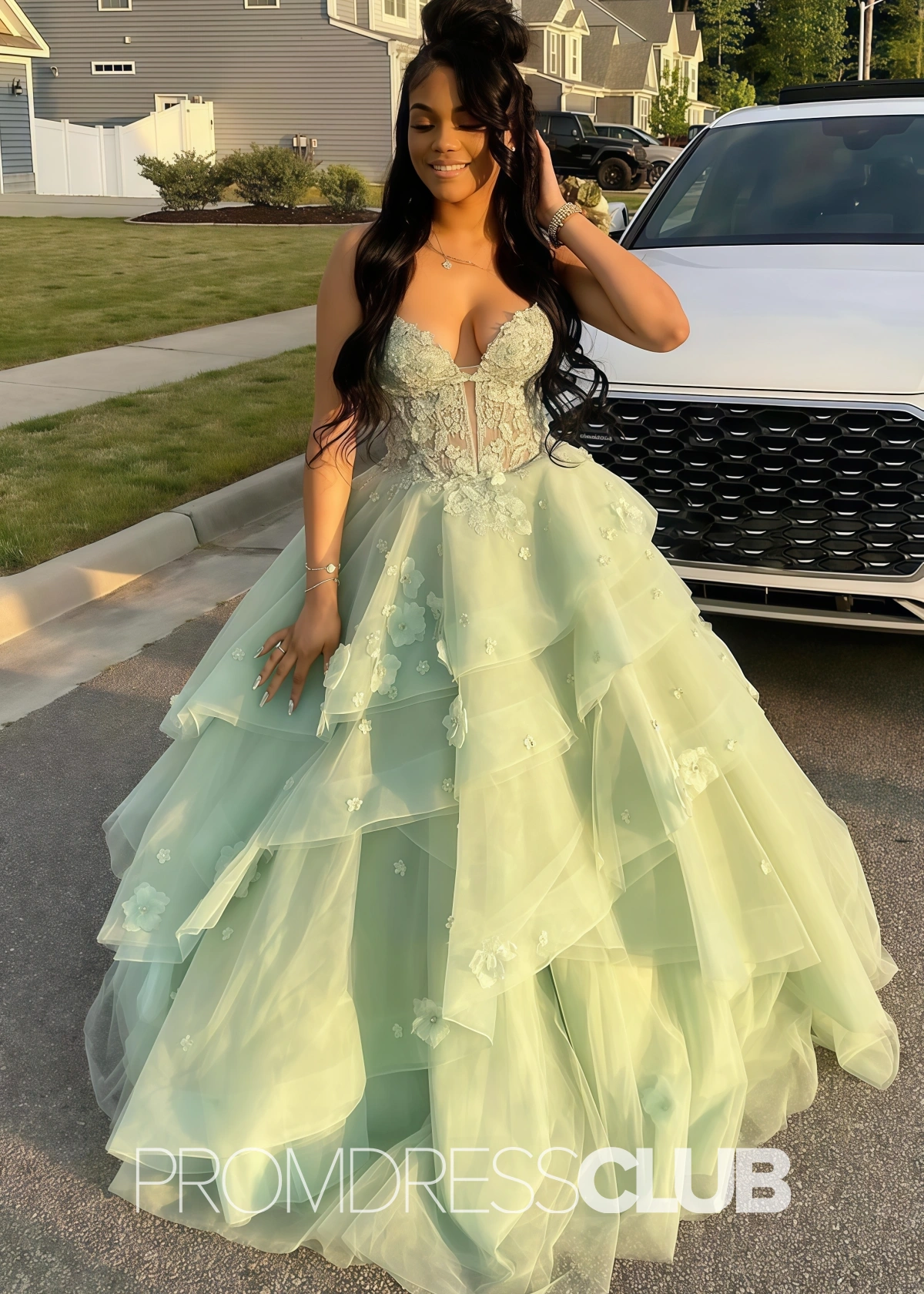 Eve |Ball Gown Sage Green Prom Dress Long V Neck with Slit Tiered Tulle