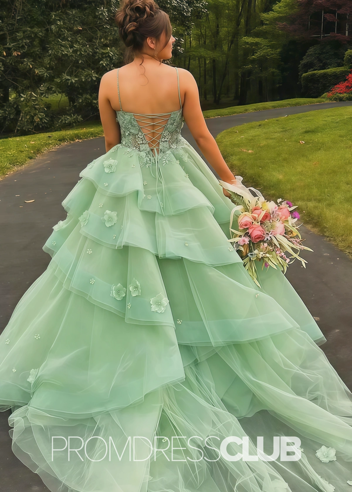 Eve |Ball Gown Sage Green Prom Dress Long V Neck with Slit Tiered Tulle