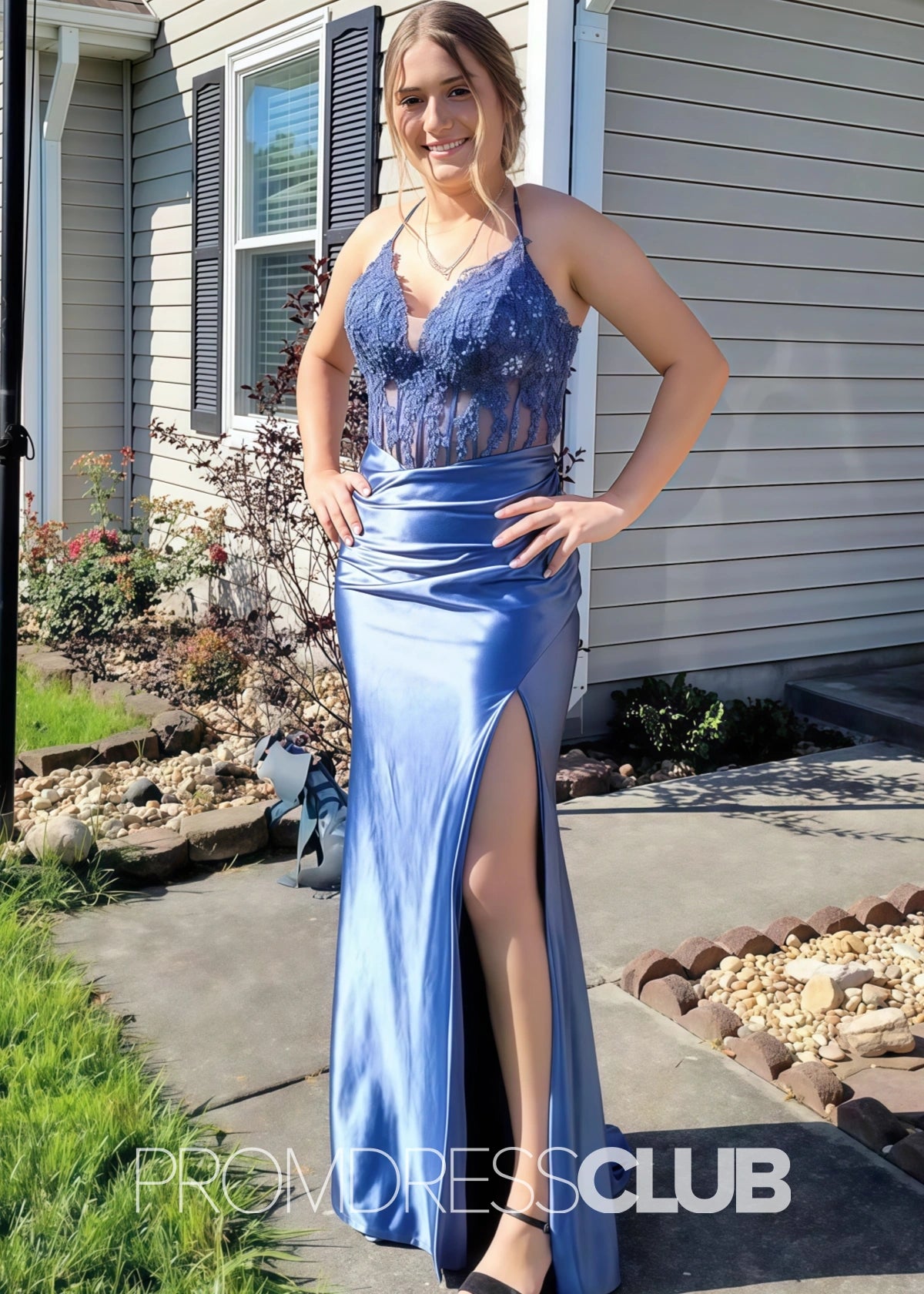 Fay |Mermaid Navy Blue Prom Dresses Long V Neck with Slit