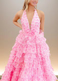 Audrey | Light Pink Floral Tulle Halter Neck Formal Dress Ruffles