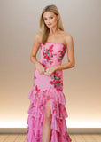 Aurora | Pink Floral Mermaid Sequin Strapless Ruffle Formal Dress with Slit