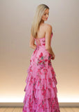 Aurora | Pink Floral Mermaid Sequin Strapless Ruffle Formal Dress with Slit