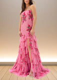 Aurora | Pink Floral Mermaid Sequin Strapless Ruffle Formal Dress with Slit