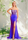 Bella | Mermaid Fuchsia Pleated Strapless Corset Beaded Formal Dress with Slit Color Purple