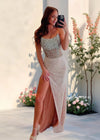 Cecilia | Stunning Champagne Strapless Beaded Formal Dress with Slit – Perfect for Unforgettable Moments Color Champagne