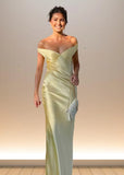 Emilia | Stunning Yellow Off The Shoulder Satin Pleated Prom Dress – Shine Bright at Your Special Event