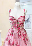 Emma | Charming Pink Floral Strapless Corset Prom Dress with Bow – Perfect for Unforgettable Moments