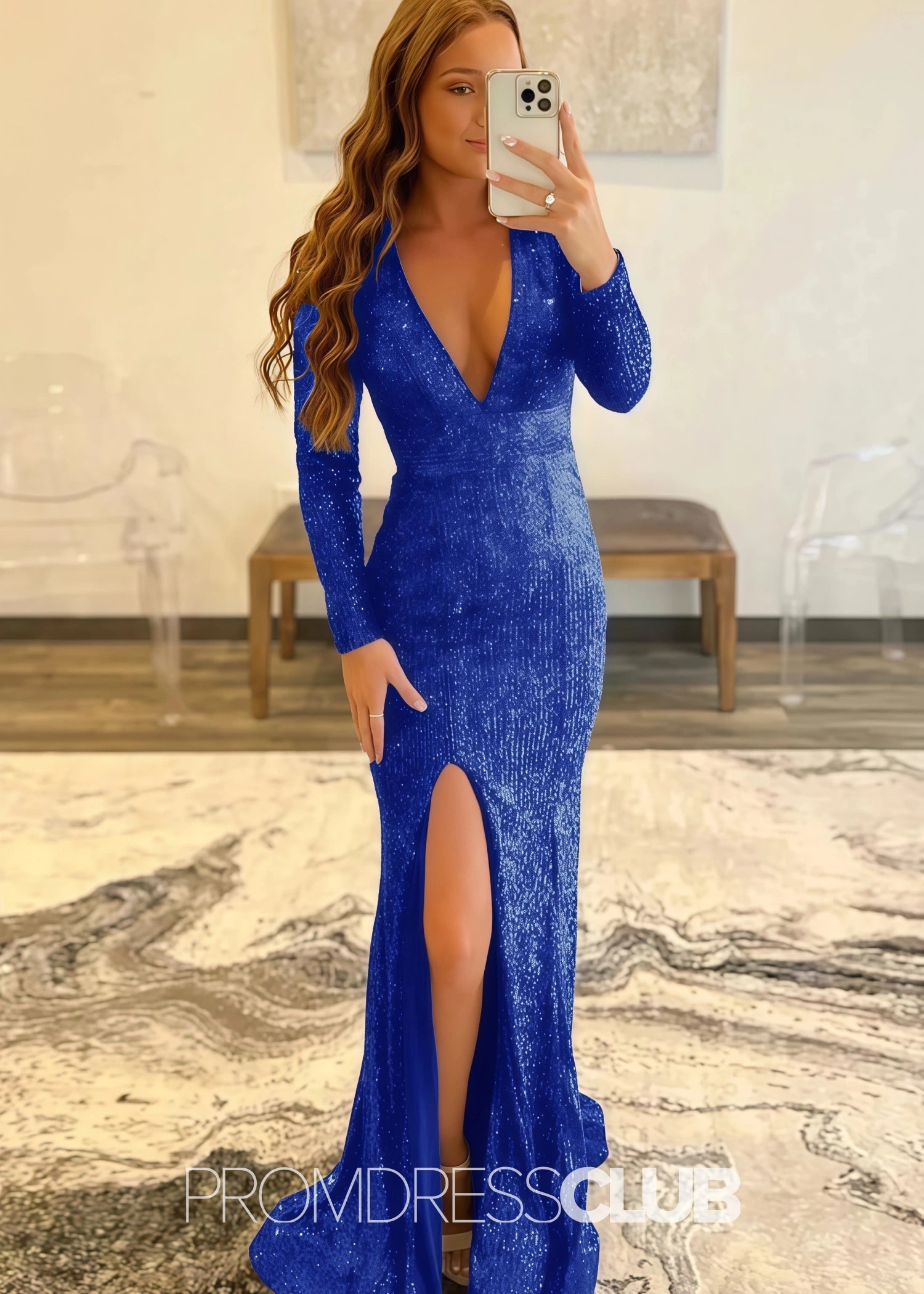 Gloria |Long Red Prom Dresses Near Me With Mermaid Deep V Neck Front Split Formal Dresses