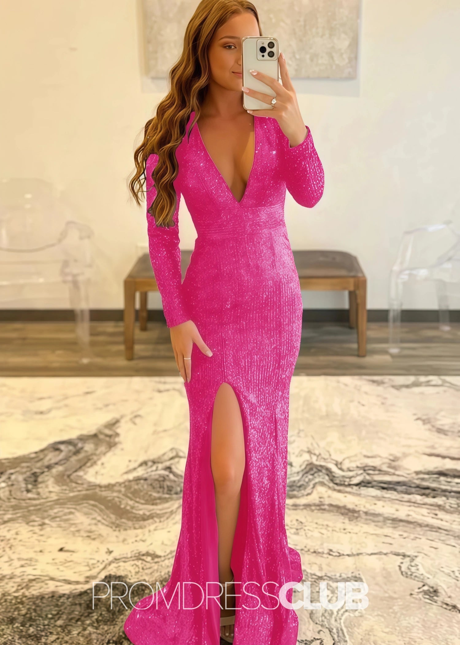 Gloria |Long Red Prom Dresses Near Me With Mermaid Deep V Neck Front Split Formal Dresses