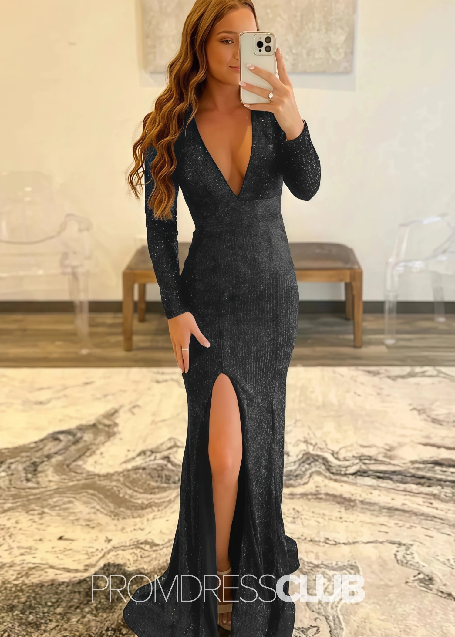 Gloria |Long Red Prom Dresses Near Me With Mermaid Deep V Neck Front Split Formal Dresses