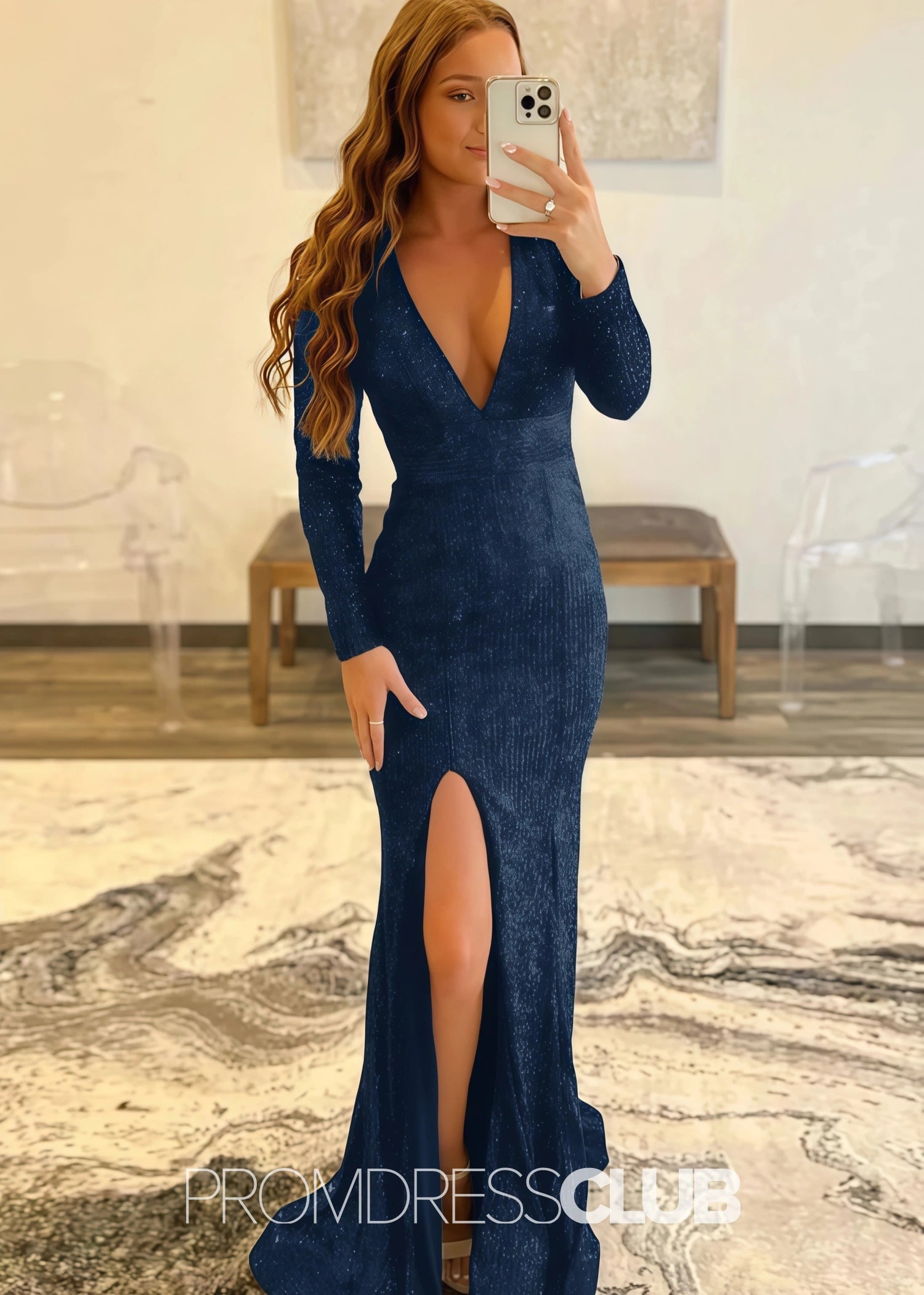 Gloria |Long Red Prom Dresses Near Me With Mermaid Deep V Neck Front Split Formal Dresses