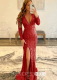 Gloria |Long Red Prom Dresses Near Me With Mermaid Deep V Neck Front Split Formal Dresses