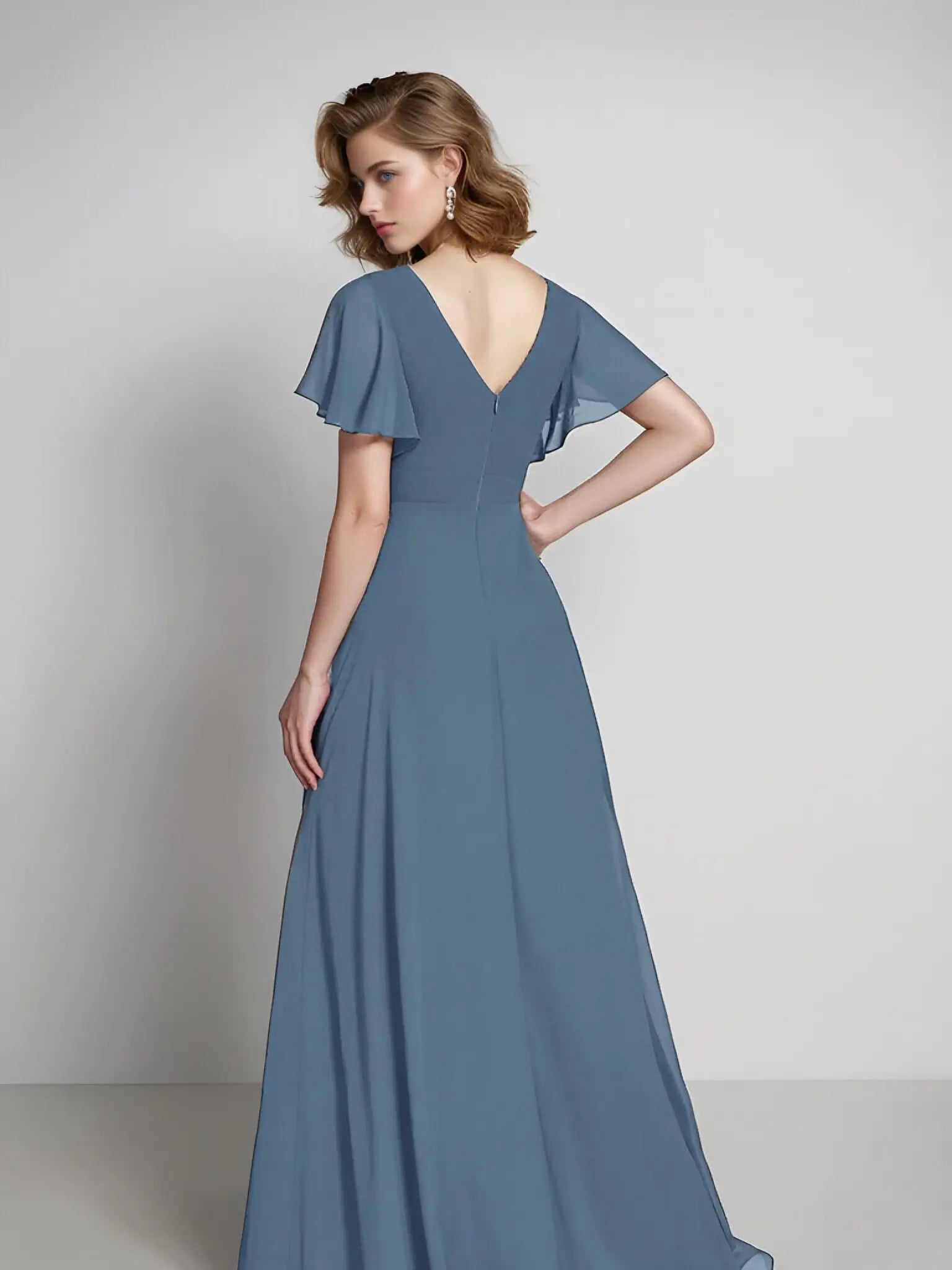 Theresa |A - Line V - Neck Floor - Length Chiffon Long Evening Dress With Cascading Ruffles - Dusty Navy - US0 - PromDressClub