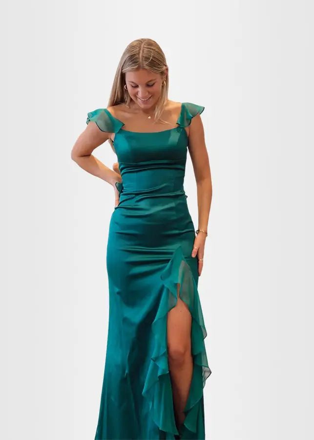 Kimberley |Sheath/Column Emerald Green Square Neck Ruffle Slit Long Prom Dress with Satin - Green - US0 - PromDressClub