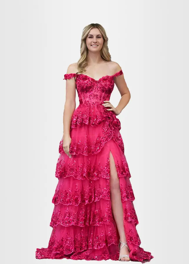 Lydia |Lace Ruffles A Line Blue Princess Off the Shoulder Prom Dress With Corset - Fuchsia - US0 - PromDressClub