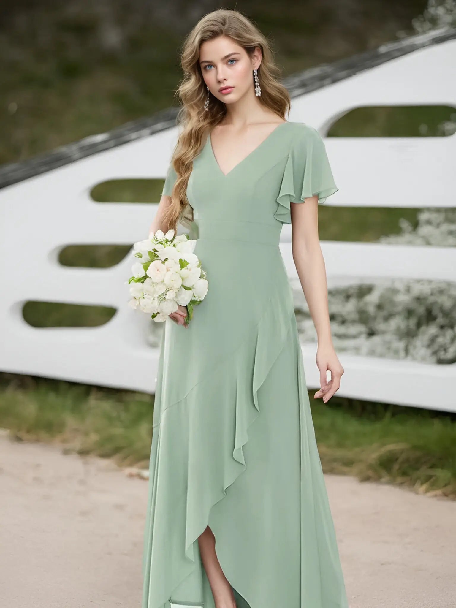 Theresa |A - Line V - Neck Floor - Length Chiffon Long Evening Dress With Cascading Ruffles - Mint Green - US0 - PromDressClub