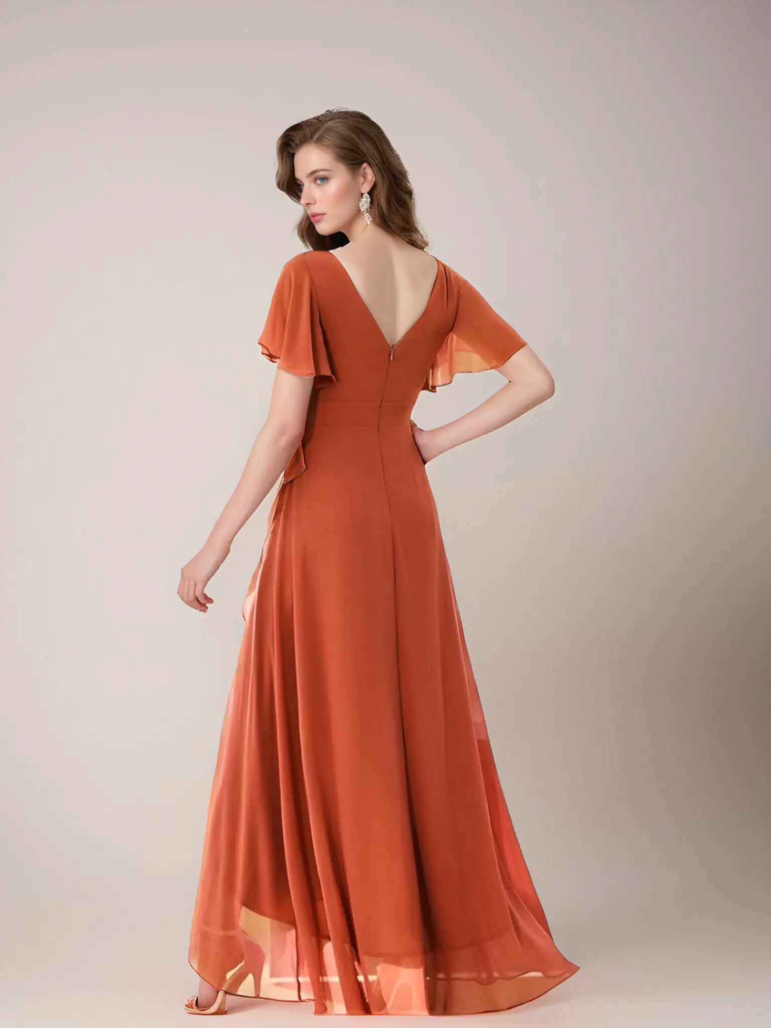 Theresa |A - Line V - Neck Floor - Length Chiffon Long Evening Dress With Cascading Ruffles - Orange - US0 - PromDressClub