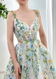 Evangeline | Elegant Ivory Floral A Line V neck Flower Prom Dress - Charming Back Design