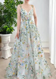 Evangeline | Elegant Ivory Floral A Line V neck Flower Prom Dress - Charming Back Design