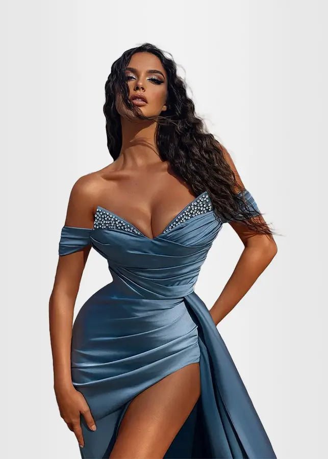 Katherine |Satin Mermaid Long Dusty Blue Prom Dress with Slit - Dusty Blue - US0 - PromDressClub