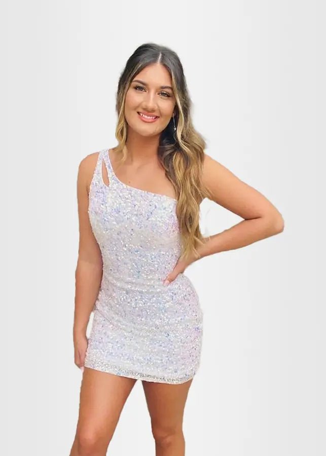 Modesty |Bodycon Stunning One Shoulder White Sequins Mini Dress Plue - size Prom Dress with Homecoming Dress - White - US0 - PromDressClub