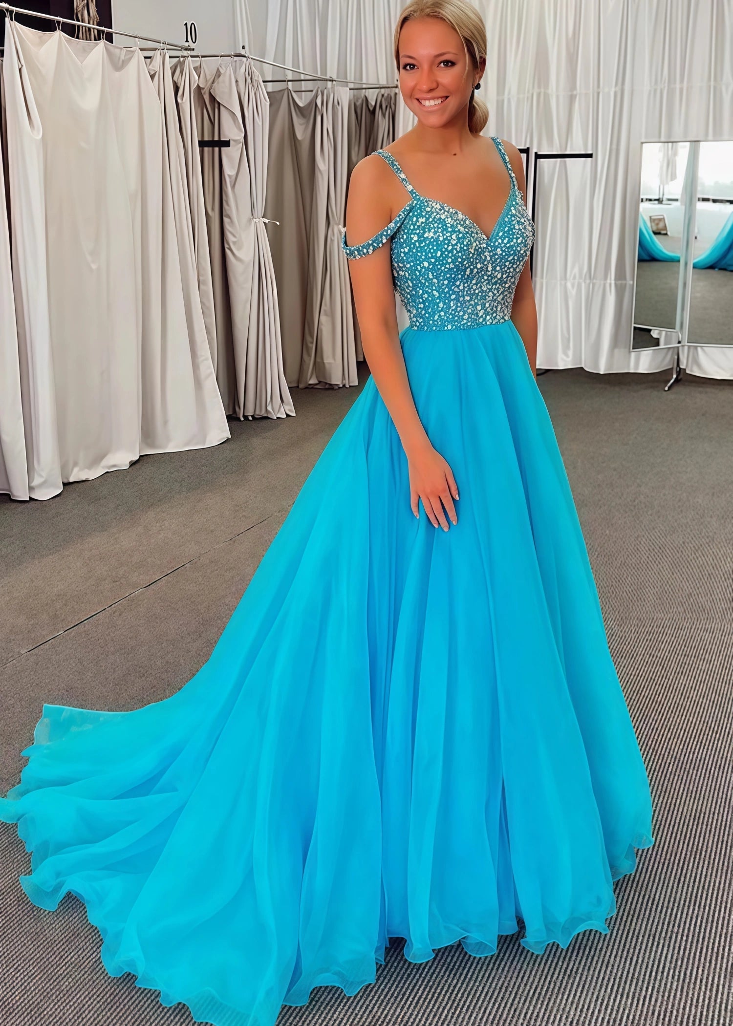 Arlene |A Line Off the Shoulder Blue Lace Long Prom Dress with Beading - Blue - US0 - PromDressClub