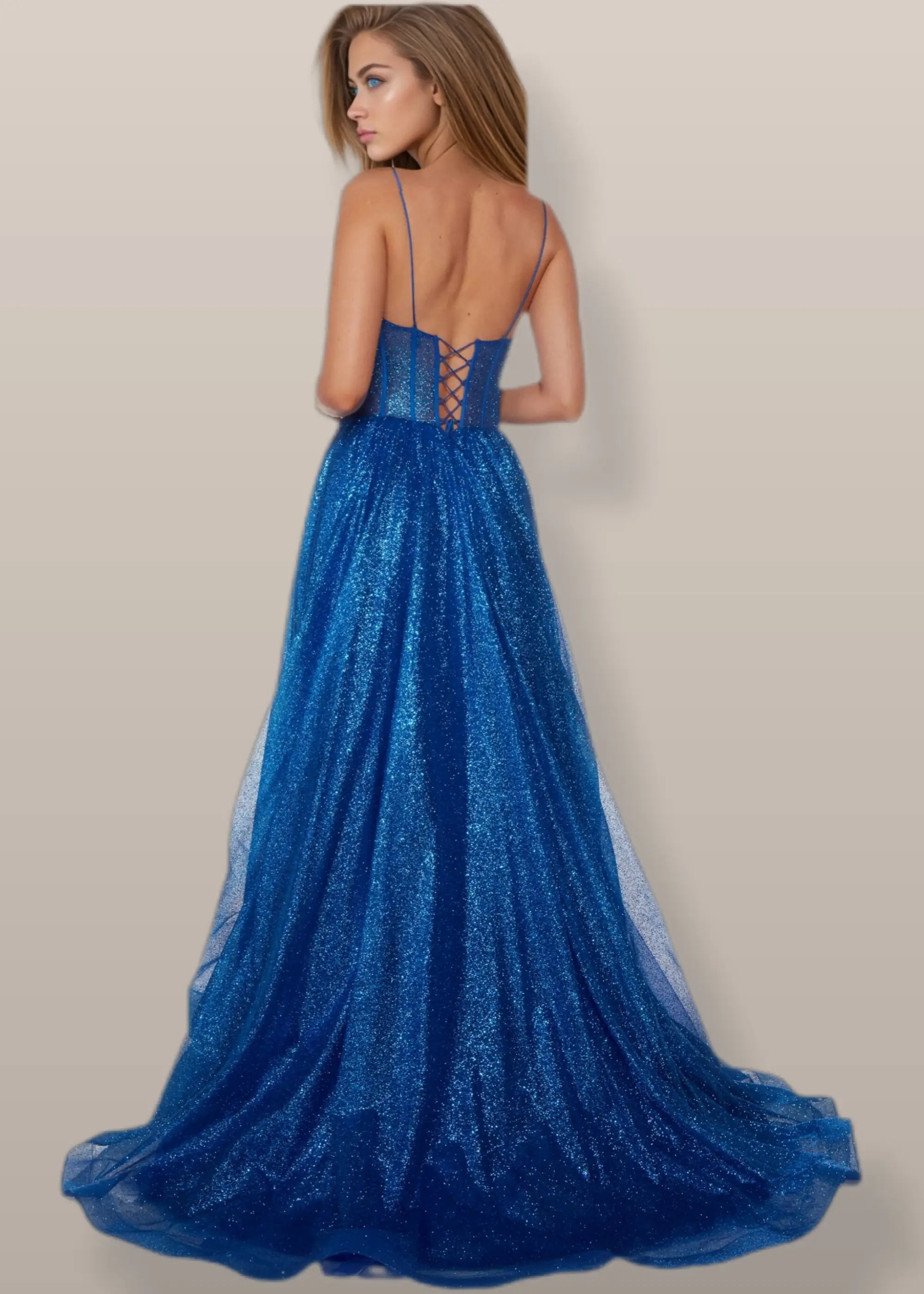 Valentina |A - line Plunging Neckline Glitter Tulle Lace - up Back Pockets Corset Dress Long Royal Blue Prom Dress With Front Slit - Royal Blue - US0 - PromDressClub