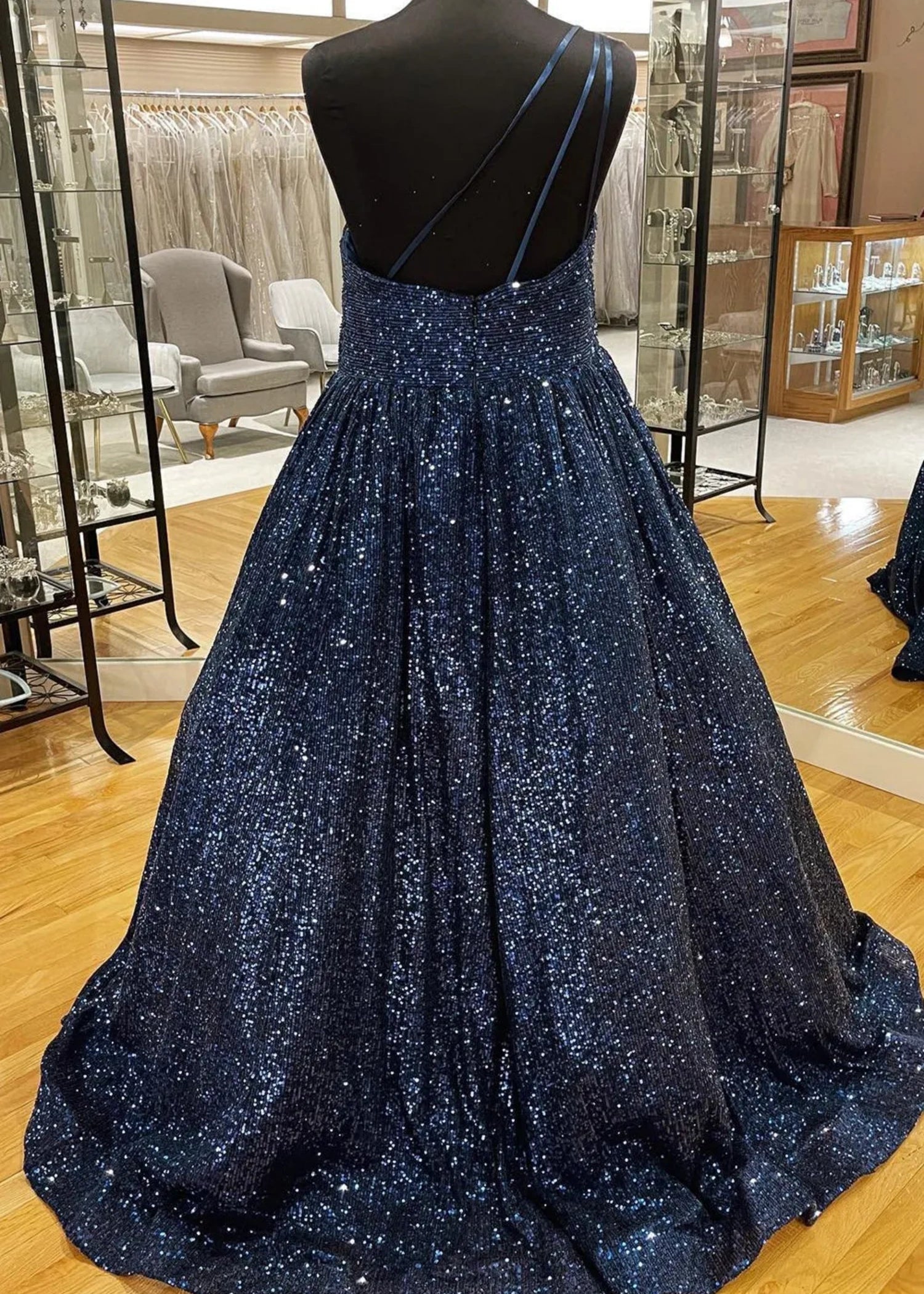 Christie |A - Line Sparkly One Shoulder Sequins Blue Plus Size Long Prom Dress - Navy Blue - US0 - PromDressClub