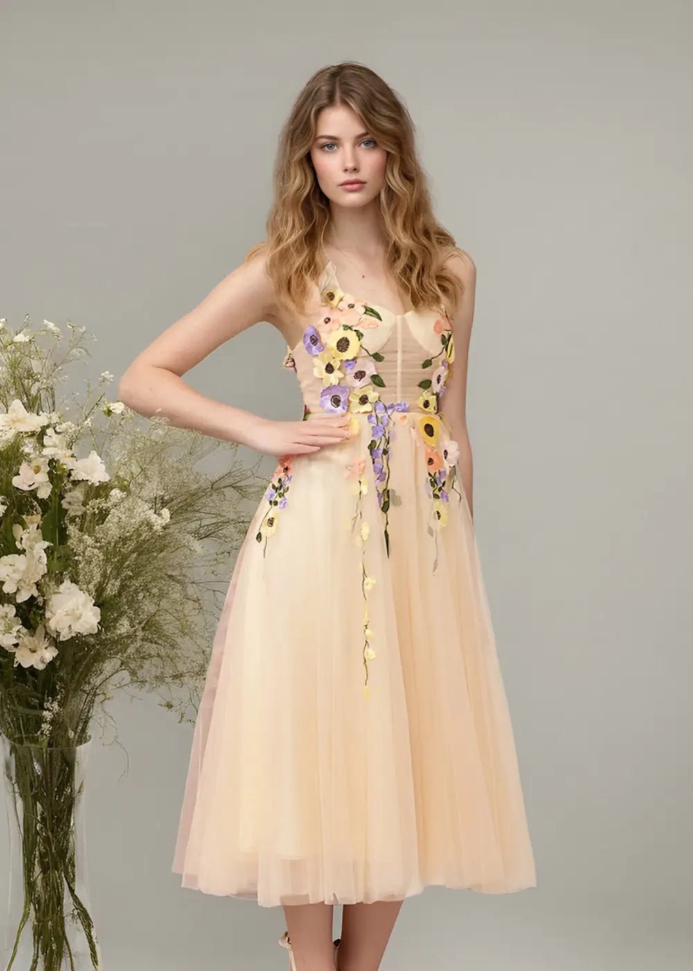 Stacey |A - Line Square Tulle Tea Corset Dress Lace - up Back Short Champagne Prom Dresses with 3D Flower - Champagne - US0 - PromDressClub