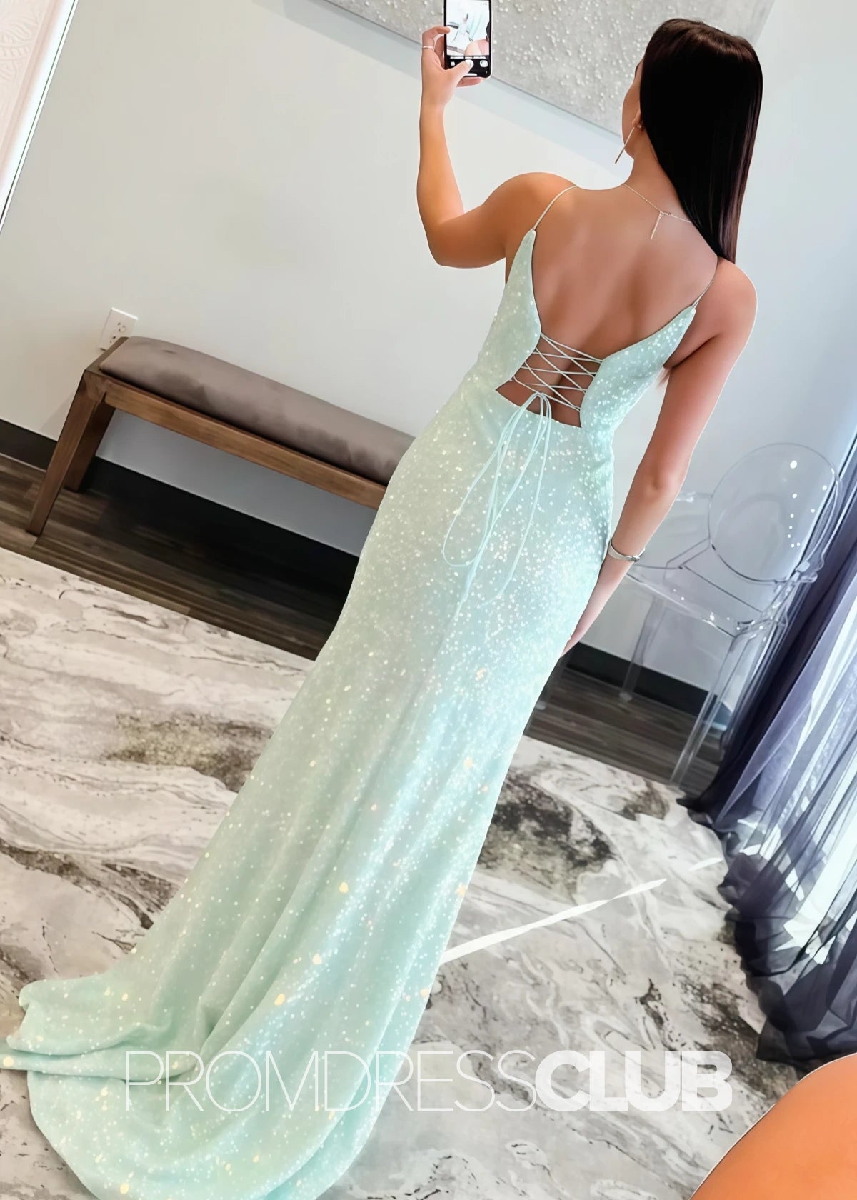 Alexia |Light Green Prom Dress Long Mermaid Spaghetti Straps Sequins With Split - Light Green - PromDressClub