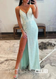 Alexia |Light Green Prom Dress Long Mermaid Spaghetti Straps Sequins With Split - Light Green - PromDressClub