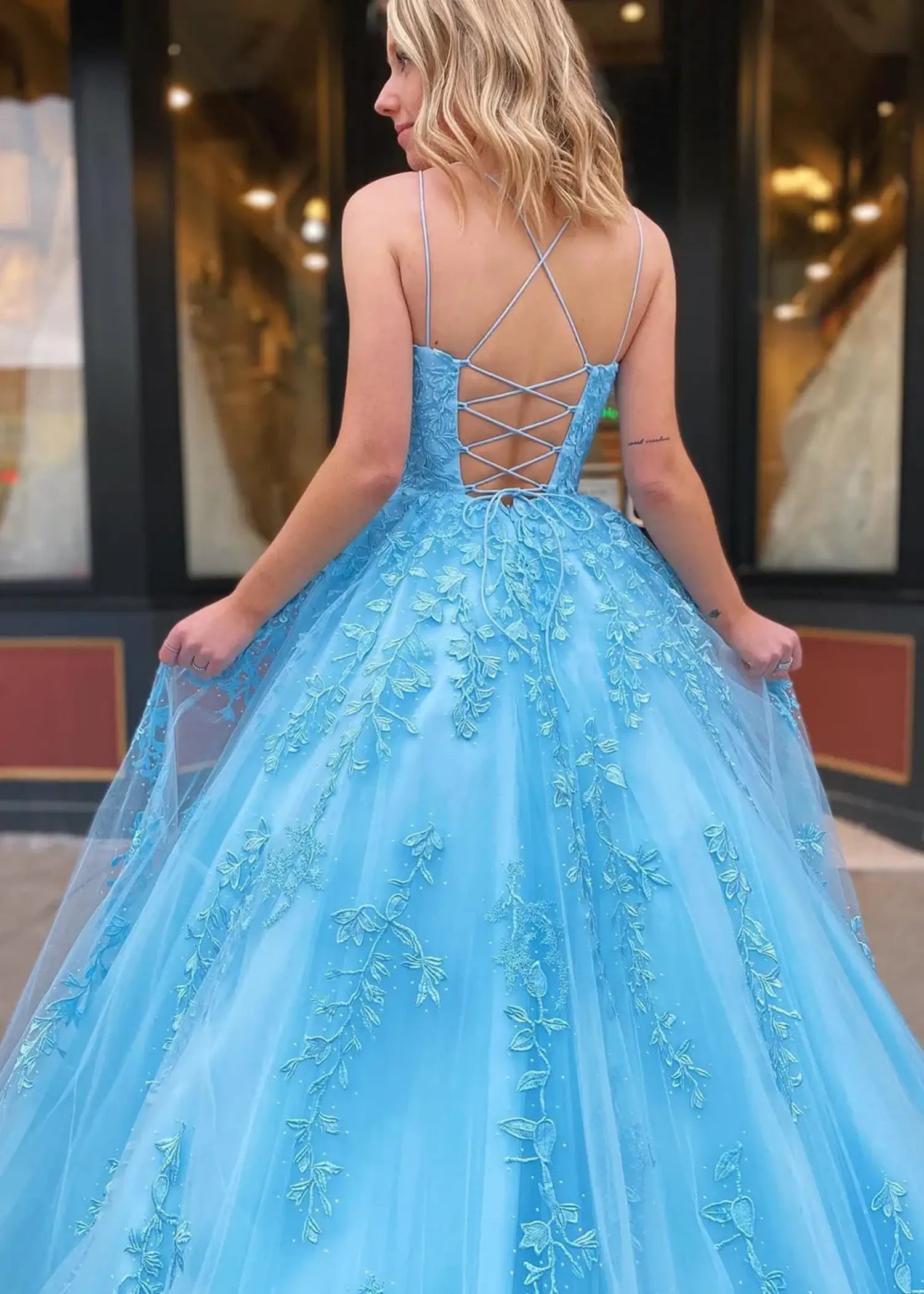 Amla |Ball Gown Royal Blue Spaghetti Straps Long Plus Size Prom Dress With 3D Flower - Light Blue - US0 - PromDressClub