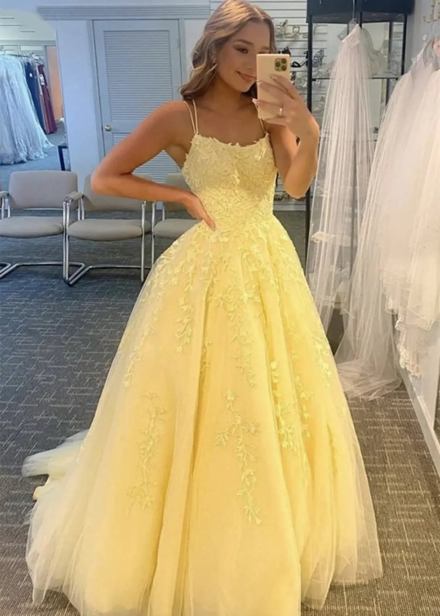 Amla |Ball Gown Royal Blue Spaghetti Straps Long Plus Size Prom Dress With 3D Flower - Yellow - US0 - PromDressClub