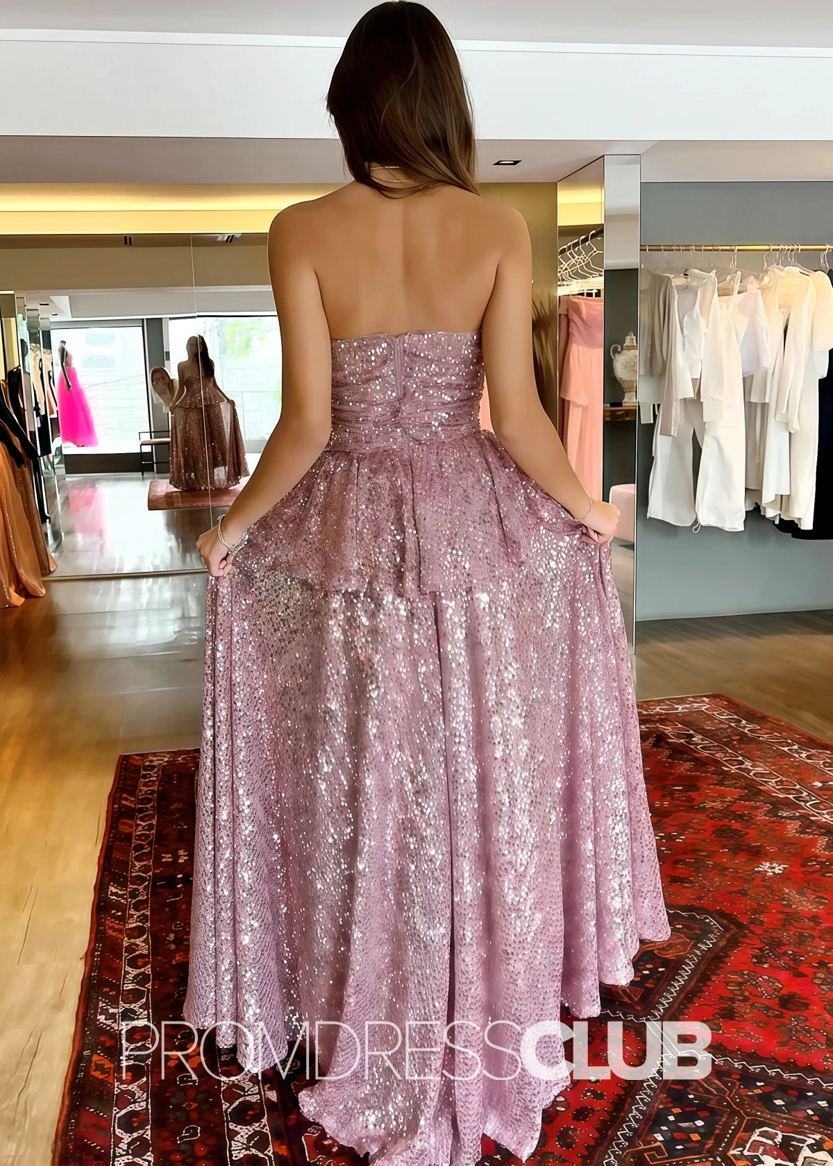 Anastasia |A Pink Prom Dress Long A - Line Sequins Strapless - Pink - PromDressClub